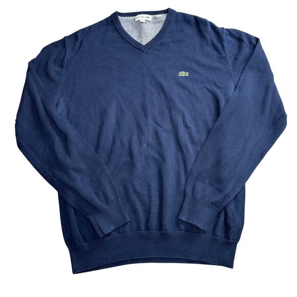 Vintage Lacoste Navy Blue V Neck Sweater Size Medium 100% Cotton Preppy 90s - Picture 1 of 6